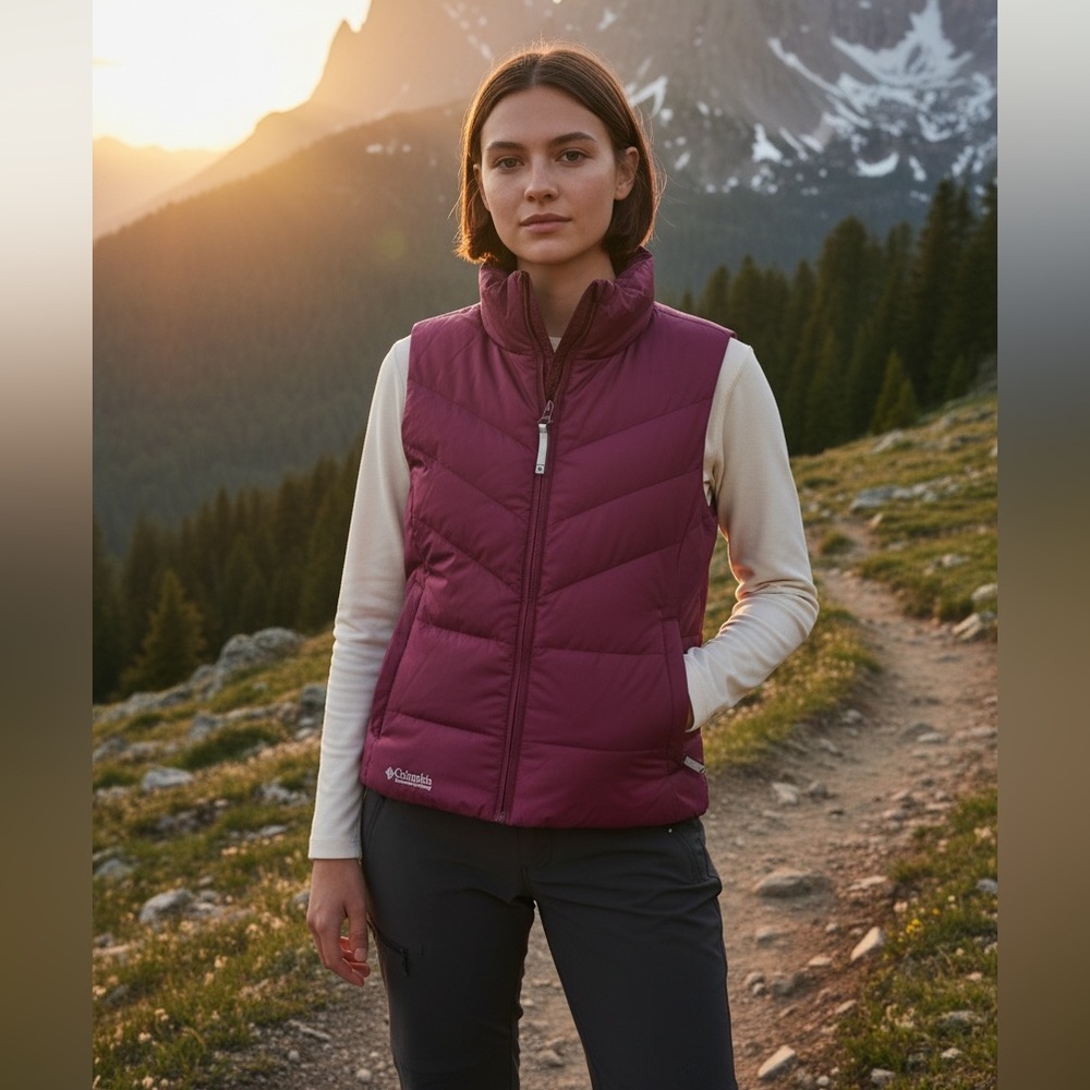 Columbia Women’s Down Filled Burgundy Hiking Puffer Vest Zipper Pockets Small